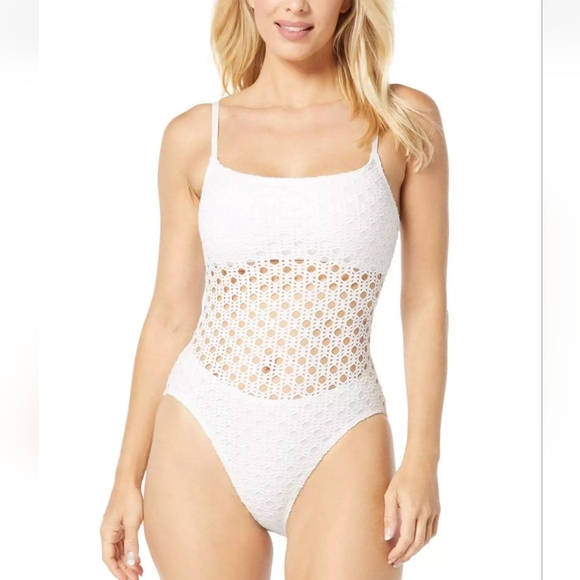 NWT Carmen Marc Valvo Womens Crochet One Piece Swimsuit White 10 Removable Cups - Picture 1 of 13